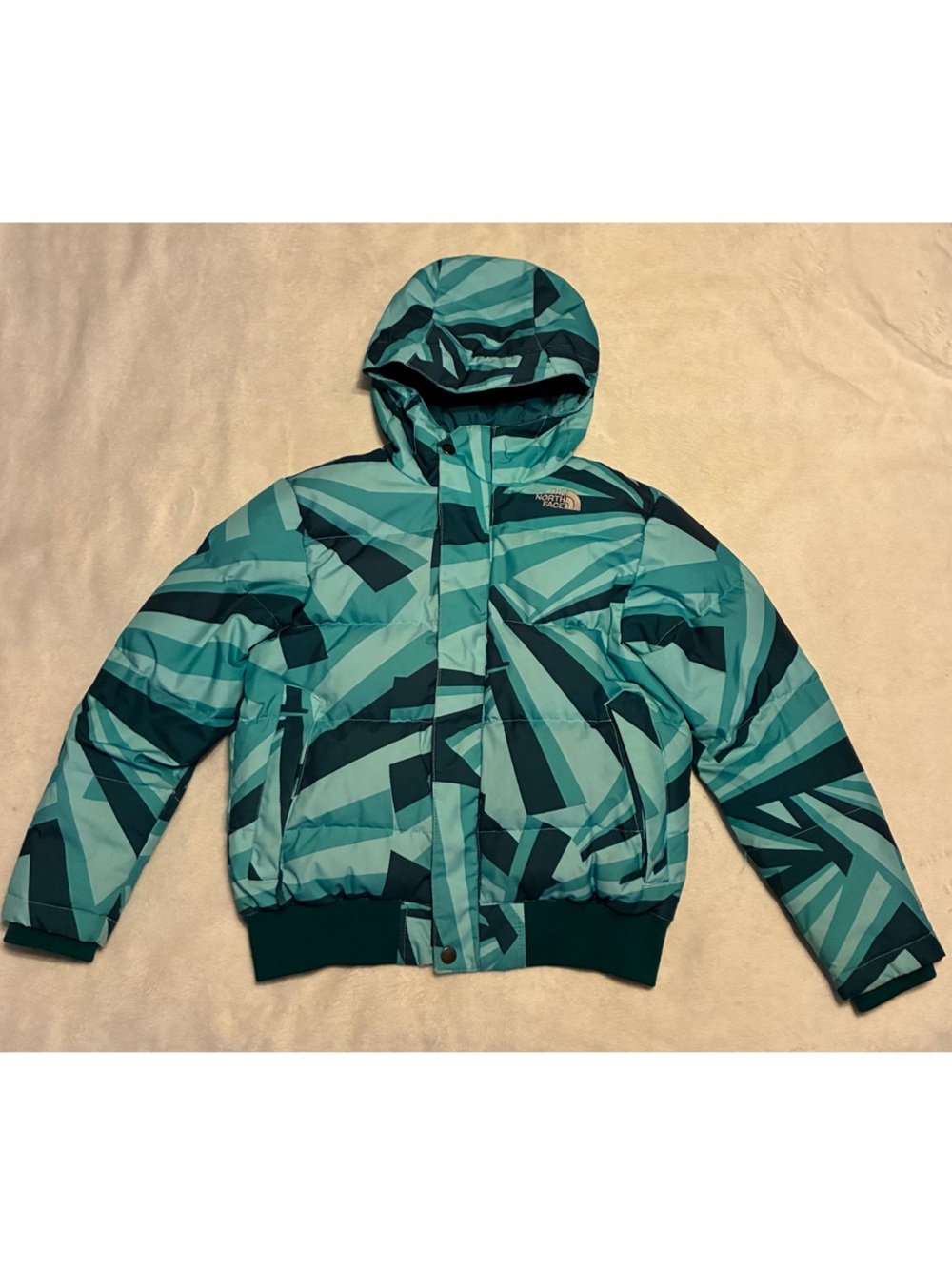 The North Face 550 Girls Down Filled Coat Teal Geometric Puffer Medium 10/12